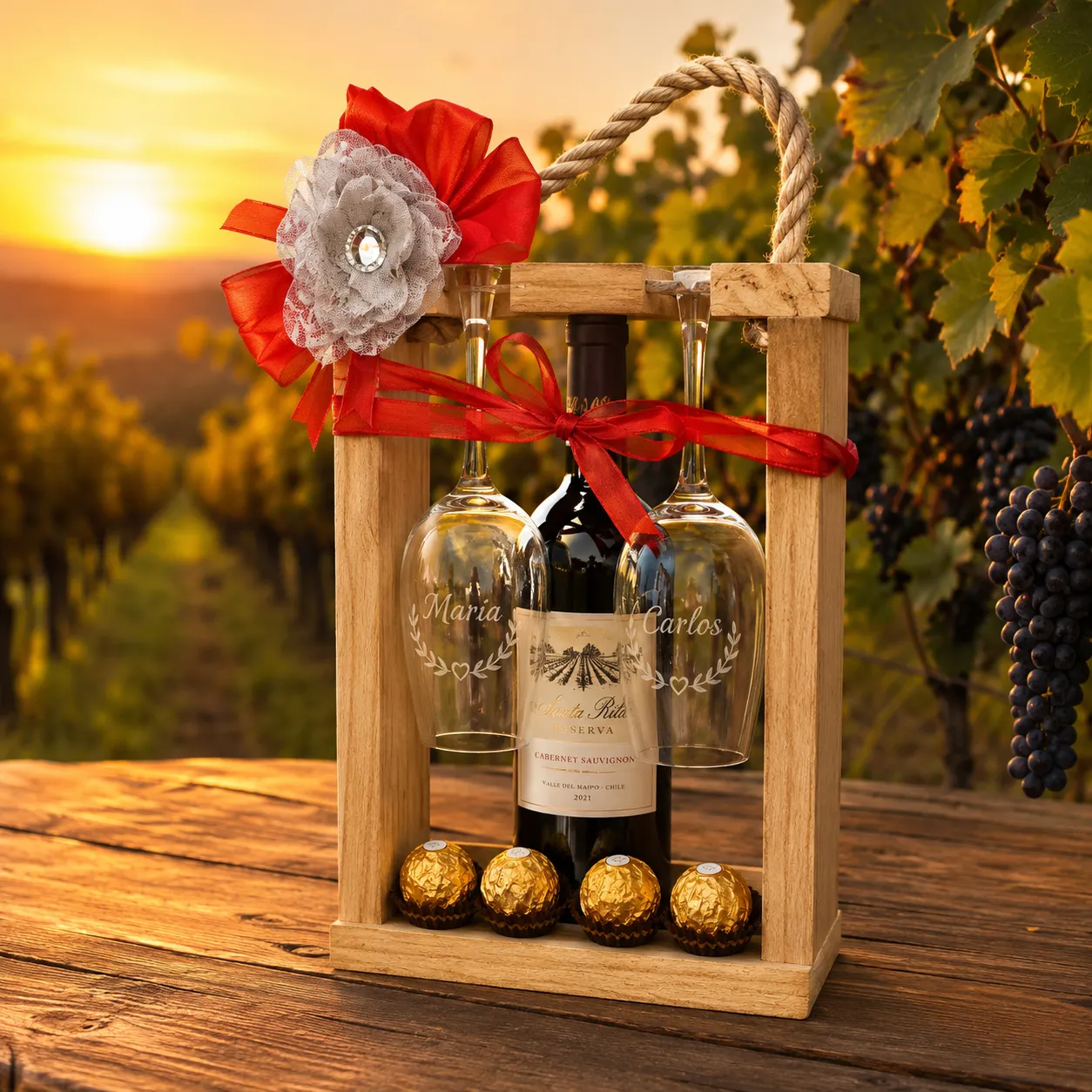 Vinera en madera con vino y copas grabadas